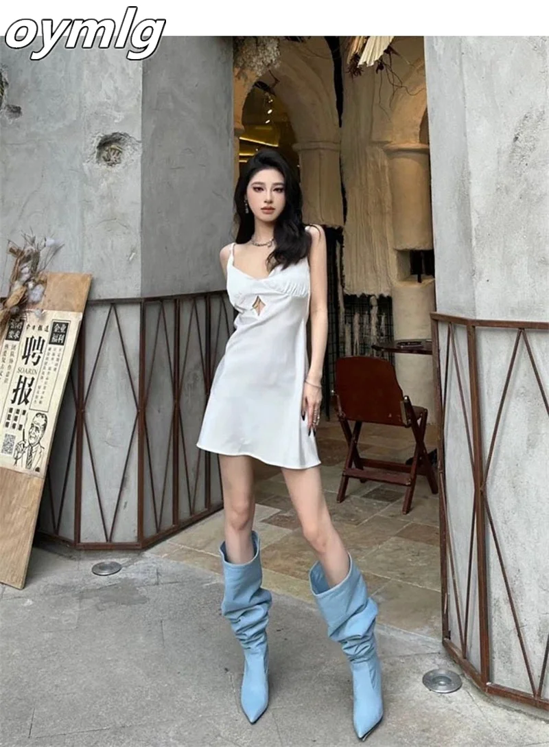 Wide tube large circumference denim pile up boots children's new summer 2023 pointed high heels long boots thin heels high boots