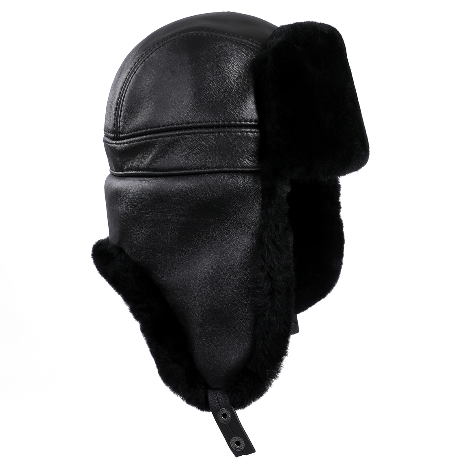 Luxury Men's Winter Fur Trapper Hat Genuine Leather Shell With Shearling Wool Aviator Russian Ushanka Caps Ear Flaps Thick Warm