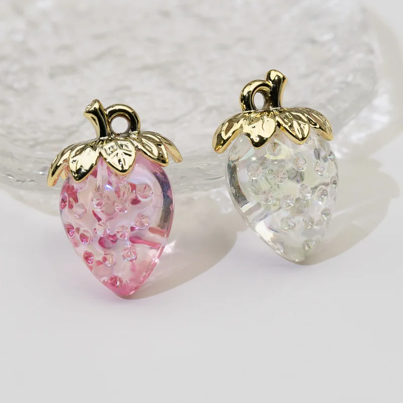 Transparent Strawberry Pendant Plated Fruit Pendant Mobile Phone Chain Popular Keychain Material DIY Jewelry Accessories 2pcs