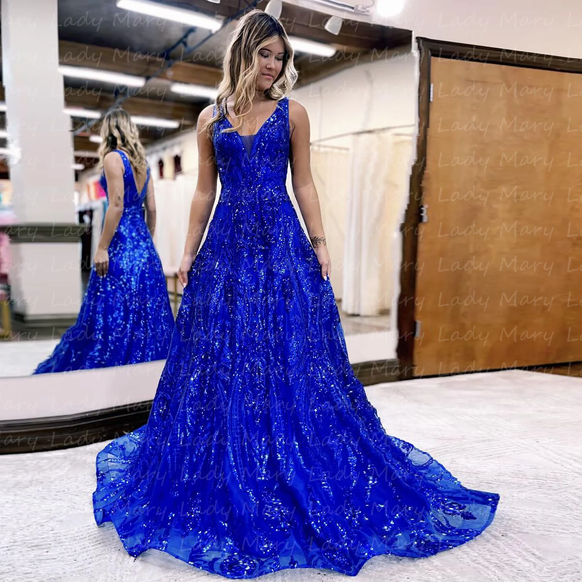 

Unique Royal Blue Prom Dresses Sequins Lace Formal Long Evening Gowns V Neck Sleeves Girl School Party Graduation Vestido De Noc