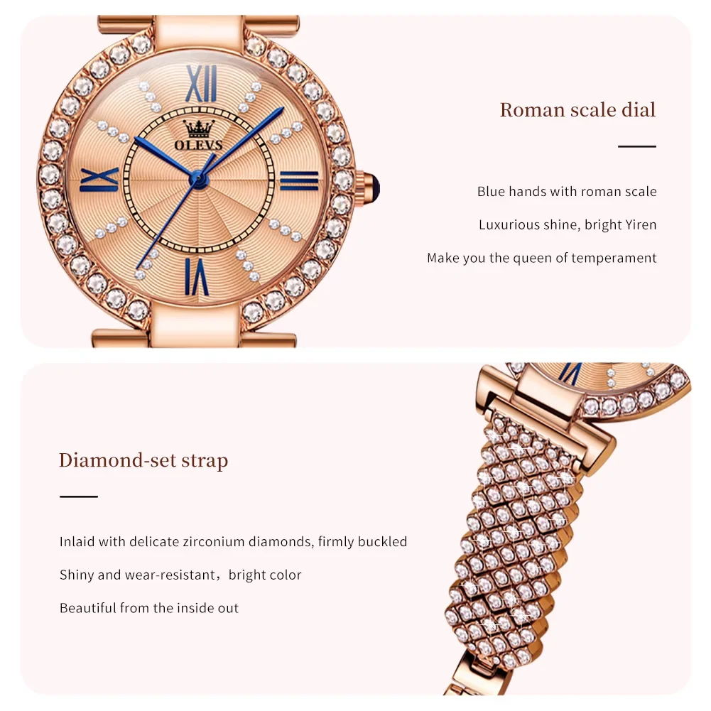OLEVS 9942 Waterproof Inlaid diamond Luxury  Women Wristwatch, Fashion Stainless Steel Strap Quartz Watch For Women 5