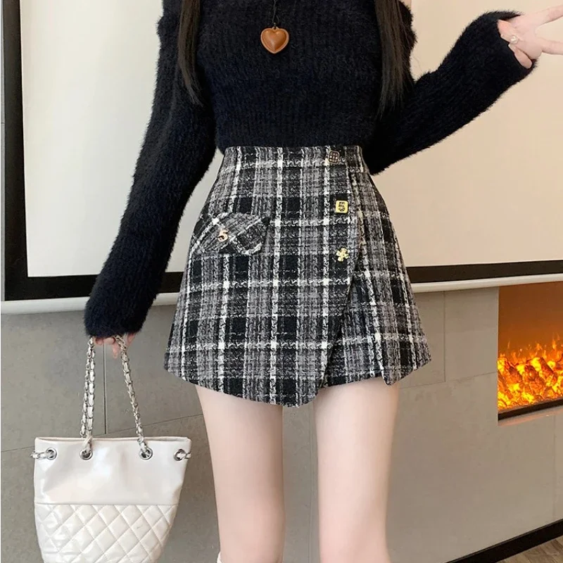 Winter American Style Women Shorts High Waist Irregular A-line Slim Thin Office Lady Fashion Basics Plaid Short Skirts Female