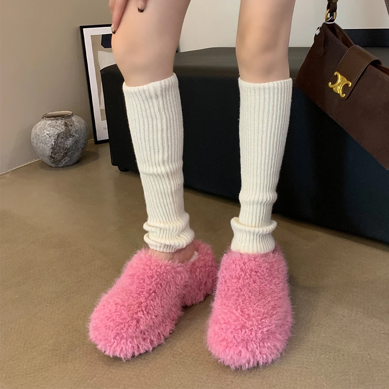 ZOOKERLIN Round Toe Thick High Heels Platform Women's Slippers Solid Color Wool Slip On Winter Soft Comfortable Woman Shoes Fur