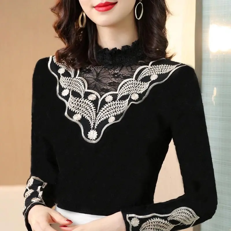 

Fashion Vintage Embroidery Blouse Female Clothing Elegant Hollow Out Lace Spring Autumn Casual Half High Collar Commute Shirt