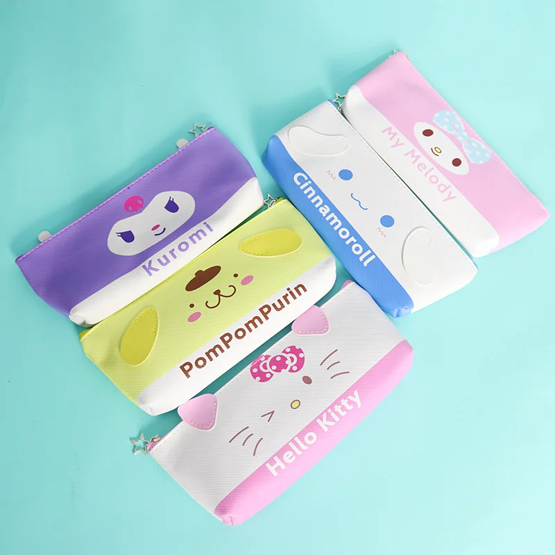 

Kawaii Sanrio Hello Kitty Single-layer Pencil Bag Anime Kuromi Cinnamoroll PU Stationery Box Ear Storage Bag Cute Pencil Case