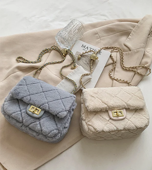 dames 2024 nieuwe kettingstijl diamant raster enkele schouder crossbody pluche tas_voghion.com