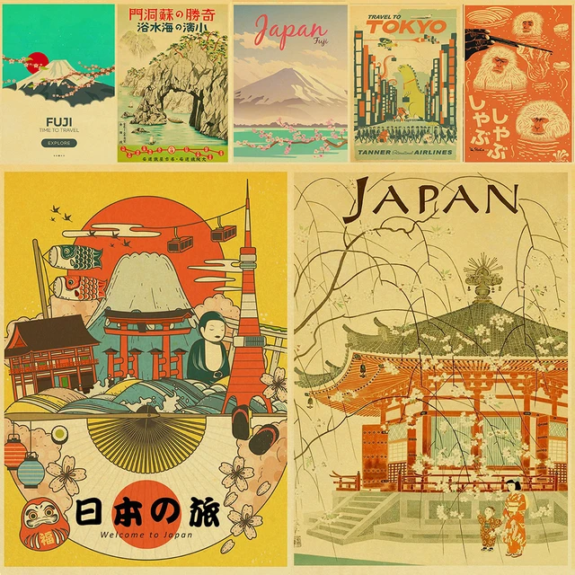 Japon Travel City Retro Kraft Paper Poster, Mont Fuji TakOsaka, Hot Spring,  Nagoya, None Blossom Kimono