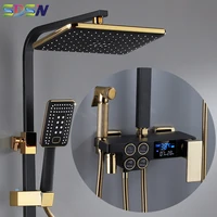 Hot and Cold Digital Shower Set Faucet Bathroom Shower System Black Gold Shower Faucet Square Shower Head  Bath Shower System 1