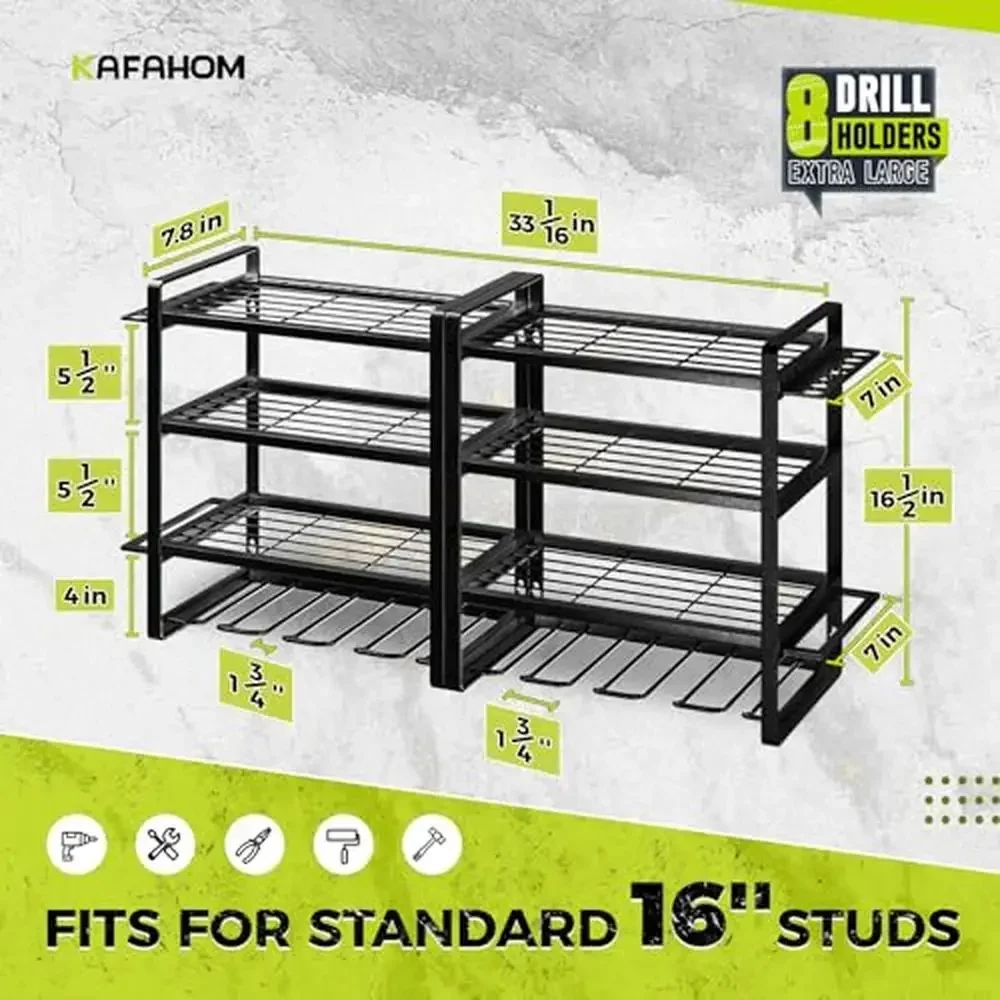 8-Cordless Drill Holder Wall Mount Tool Organizer Rack Shelf 4 Layer Garage Storage Metal Organizer Shelf with Hammer Pliers 5