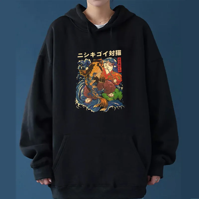 

2024 new Japanese cute cartoon fortune Koi cat print high quality women's hoodie fashion lovers street fun sweatshirt Tops y2k