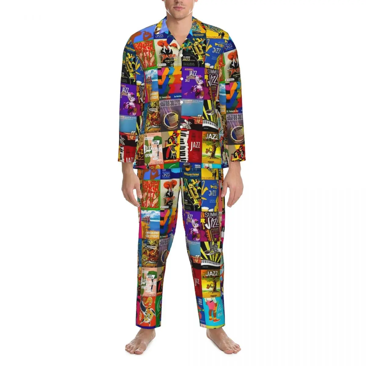 

Collage Of Jazz Festivals Pajama Sets Spring Music Band Print Warm Bedroom Sleepwear Men 2 Piece Vintage Oversized Home Suit