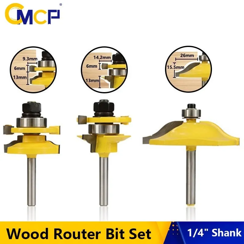 

CMCP Router Bit 1/4" Shank Wood Tenon Cutter Carbide Raised Panel Cabinet Door Router Bit Set 3pcs Woodworking Tools