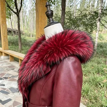 Col en fourrure de raton laveur pour femme, col de manteau d'hiver en fourrure naturelle, grand châle en fourrure, écharpe chaude en fourrure droite