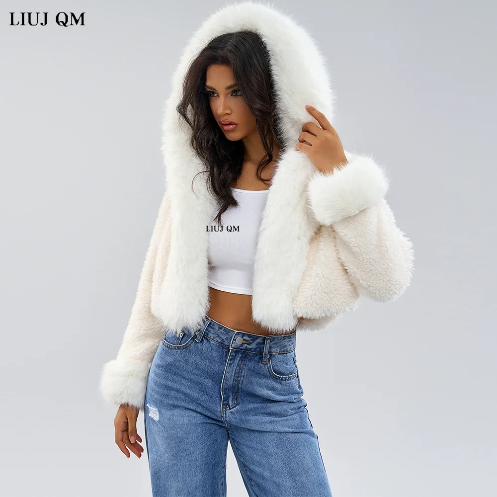 Hooded Faux Fur Coat Women White Winter Jackets for Women 2025 New