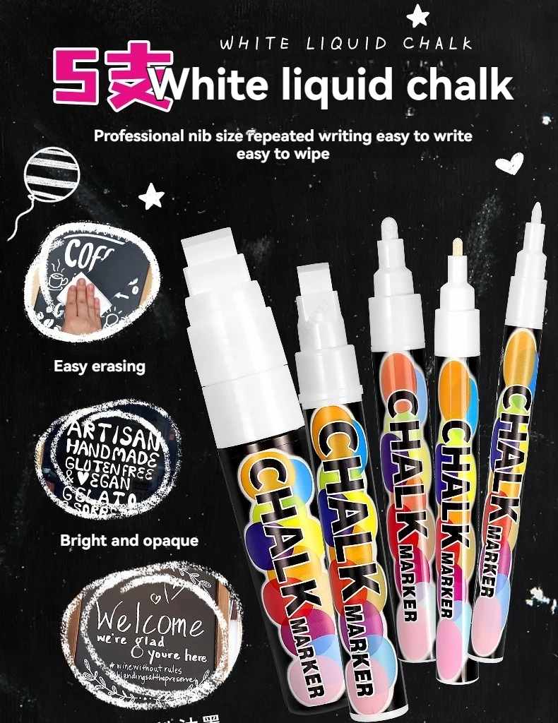 5pcs/set White Chalk Markers -Liquid Chalkboard Markers, White Liquid Chalk Marker for Windows, Glass - 1, 3, 6, 10, 15mm Tips 2