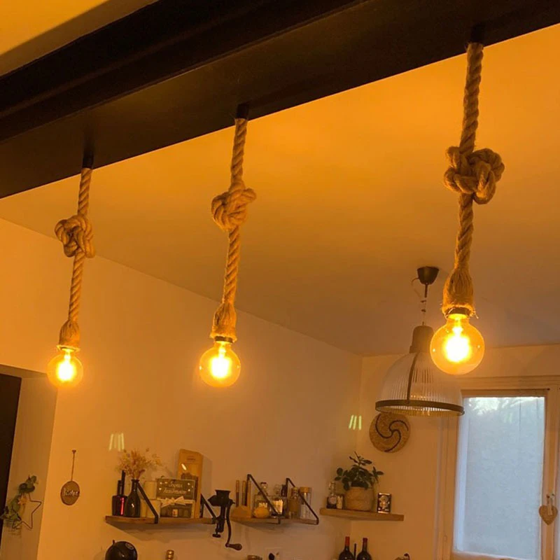 Hemp Rope Pendant Lights E27 Vintage Retro Hemp Rope Lamp Hanging Lamps Creative Loft Home Chandeliers LED Light Base AC85V-265V 6