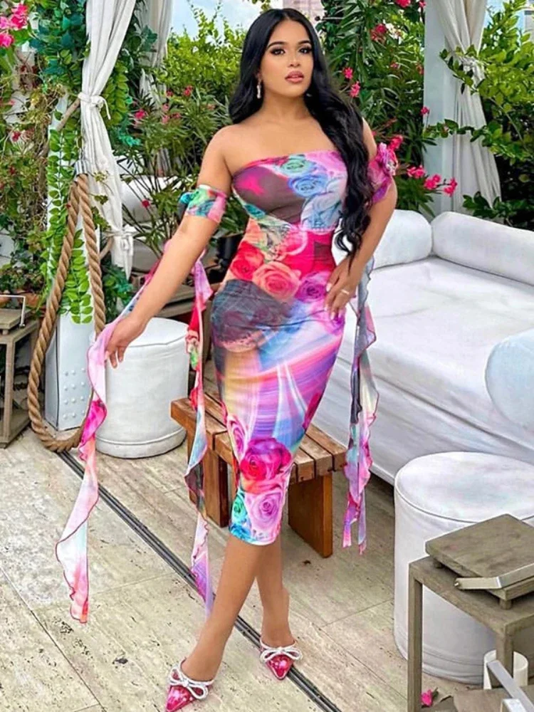 

Women's 2023 Chest Wrapping Tight One Line Neck Open Back Dress Flower Ribbon Sleeve Print Wrapped Hip Dress Mid length Dress