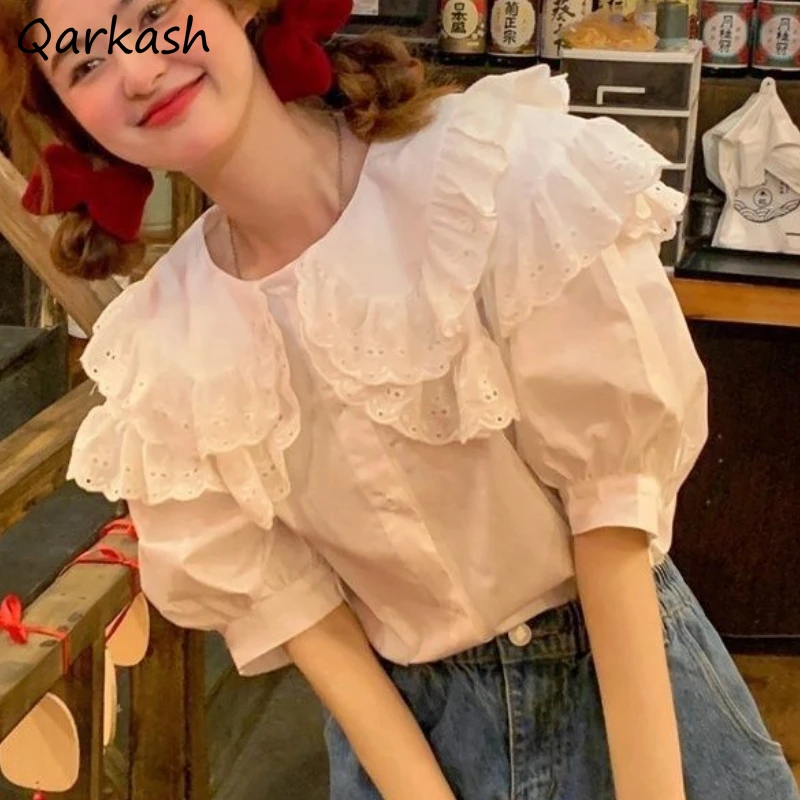 

Puff Sleeve Kawaii Shirts Women Ruffles Solid Temper Summer Basics Vintage Casual Aesthetic Clothing Holiday Minority Ulzzang