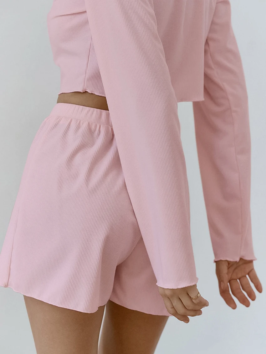 Marthaqiqi Casual Women Sleepwear Set Long Sleeve Nightwear Crop Top Nightgown Turn-Down Collar Pajama Shorts Femme Nightie Suit