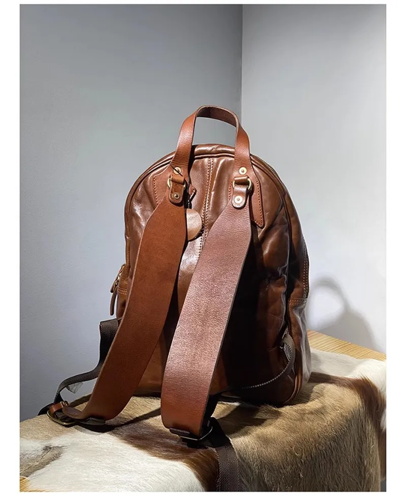Simple vintage luxury genuine leather men's women's backpack handmade natural high-quality soft real cowhide female schoolbag