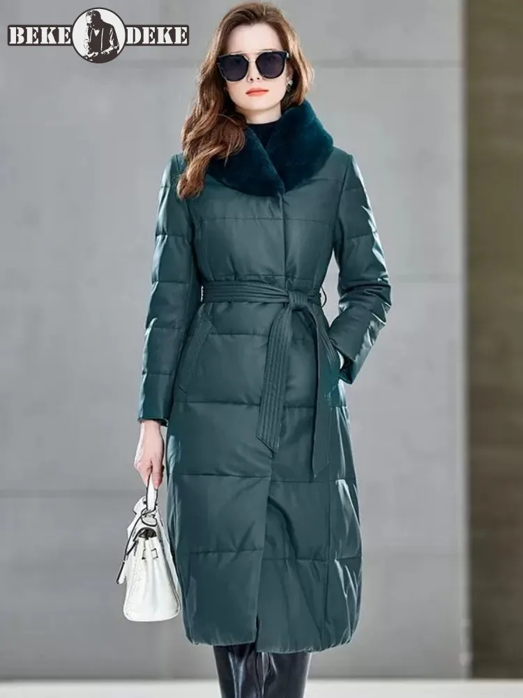 

Winter Women Genuine Leather Down Coat Rabbit Hooded Overcoat Warm Luxury Elegant Office Ladies Slim Thicken Long Trench Coats