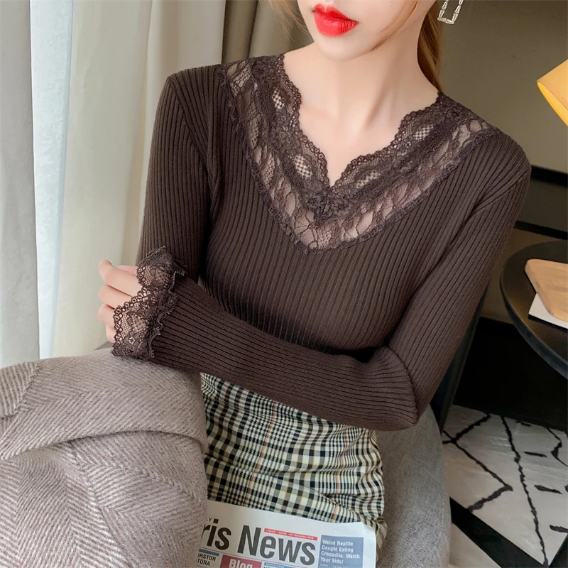

Ladies Fashion Lace Stitching Pullover Sweater Women Clothing Girls Autumn Casual Knitwear Female Woman OL Sweaters BVy2425