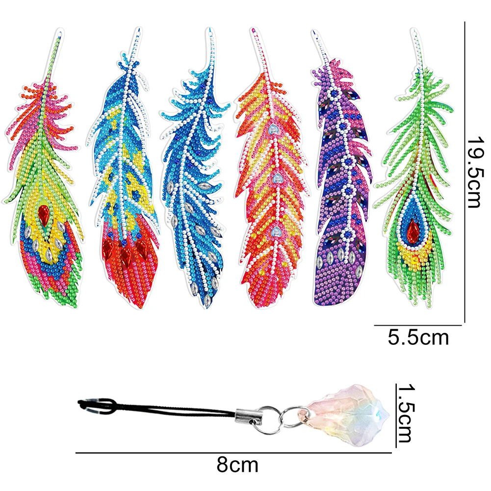 6pcs 5D DIY Feather Shape Bookmarks Diamonds Painting Student Gifts Special Shaped Drill Home Office School Class Project