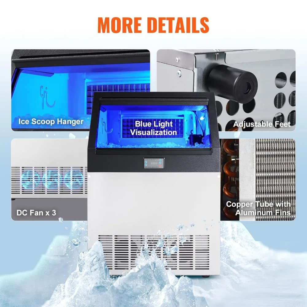 Commercial ice maker, 160 pounds/24 hours, ice maker,80 cubes in 12-15 minutes, 6-pound storage capacity LED digital display