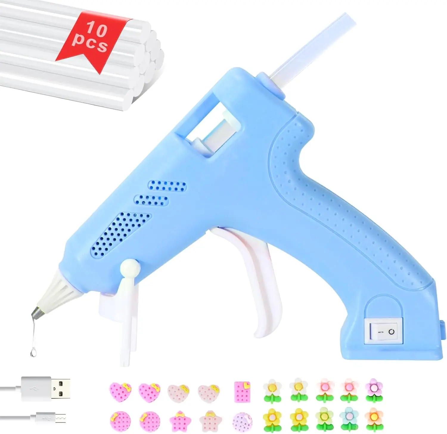 Pistola de Silicona Inalámbrica con 20 Puntas Decorativas, 10 Barras de Pegamento Caliente Premium, Ideal para Manualidades, Bricolaje y Reparaciones del Hogar