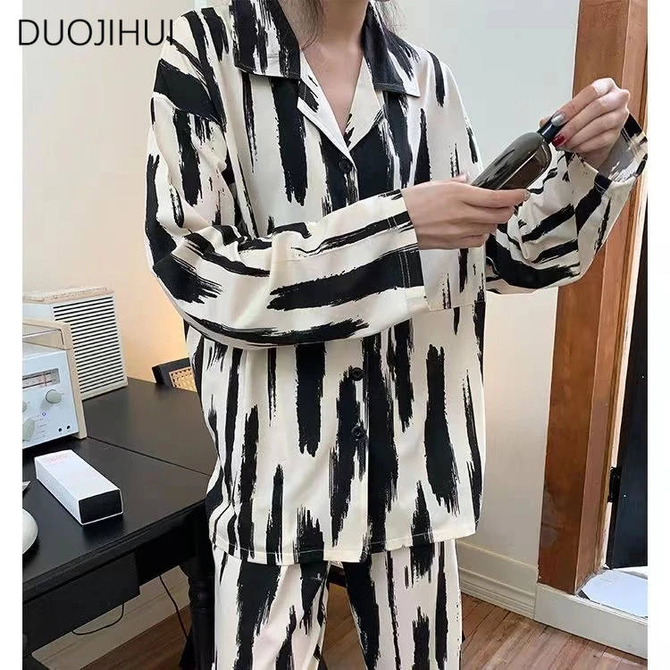 DUOJIHUI Classic Two Piece Contrast Color Female Pajamas Set Long Sleeve Cardigan Basic Pant Loose Casual Home Pajamas for Women