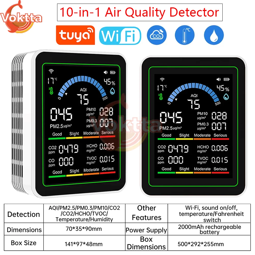 Tuya WiFi 10-in-1 Air Quality Detector CO2 Monitor PM0.3 PM1.0 PM2.5 PM10 Formaldehyde Detector Temperature and Humidity Meter