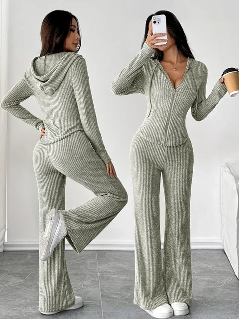 Fashionable Casual Women's Solid Color Hooded Zipper Top And Loose Flared Pants Set Streetwear Style Comfortable Outfit