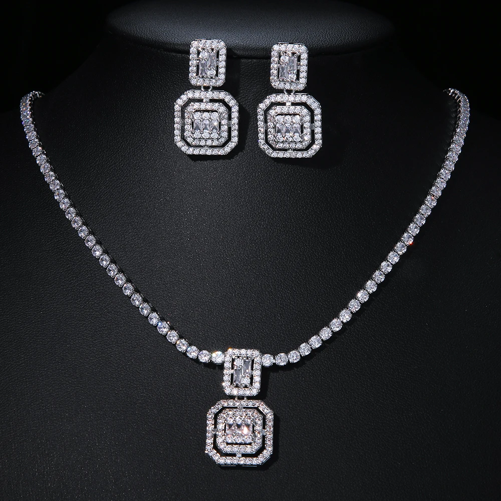 Sugo Nuovo Arrivo Semplice Moda Quadrato-Design Lucido Cubic Zirconia Orecchini Collane Set Per Ragazze Adorabili Gioielli Regalo