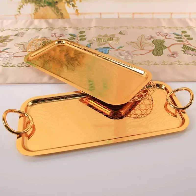 European Light Luxury Fruit Tray,Alloy Household Rectangular Tray,Dinner Plate Cup Tea Tray Living Room Decoration Storage,35cm