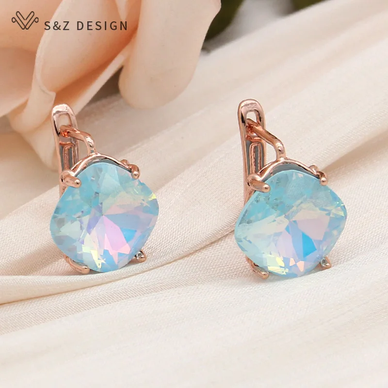 S&Z DESIGN New Fashion Square Colorful Crystal Drop Earring For Women 585 Rose Gold Color Wedding Jewelry