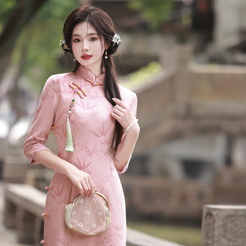 

Yourqipao 2023 Autumn Suede Carved Slanted Lapel Long Cheongsam Pink Literary Retro Qipao Chinese Style Evening Dress for Women