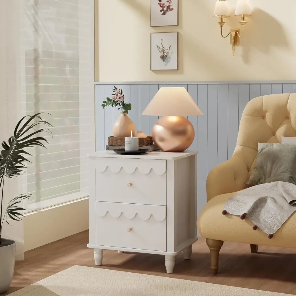 Nightstand Side End Table with 2 Drawers, Modern Wood Night Stand with Petal Pattern for Bedroom, Scalloped Bedside Night Tables 5