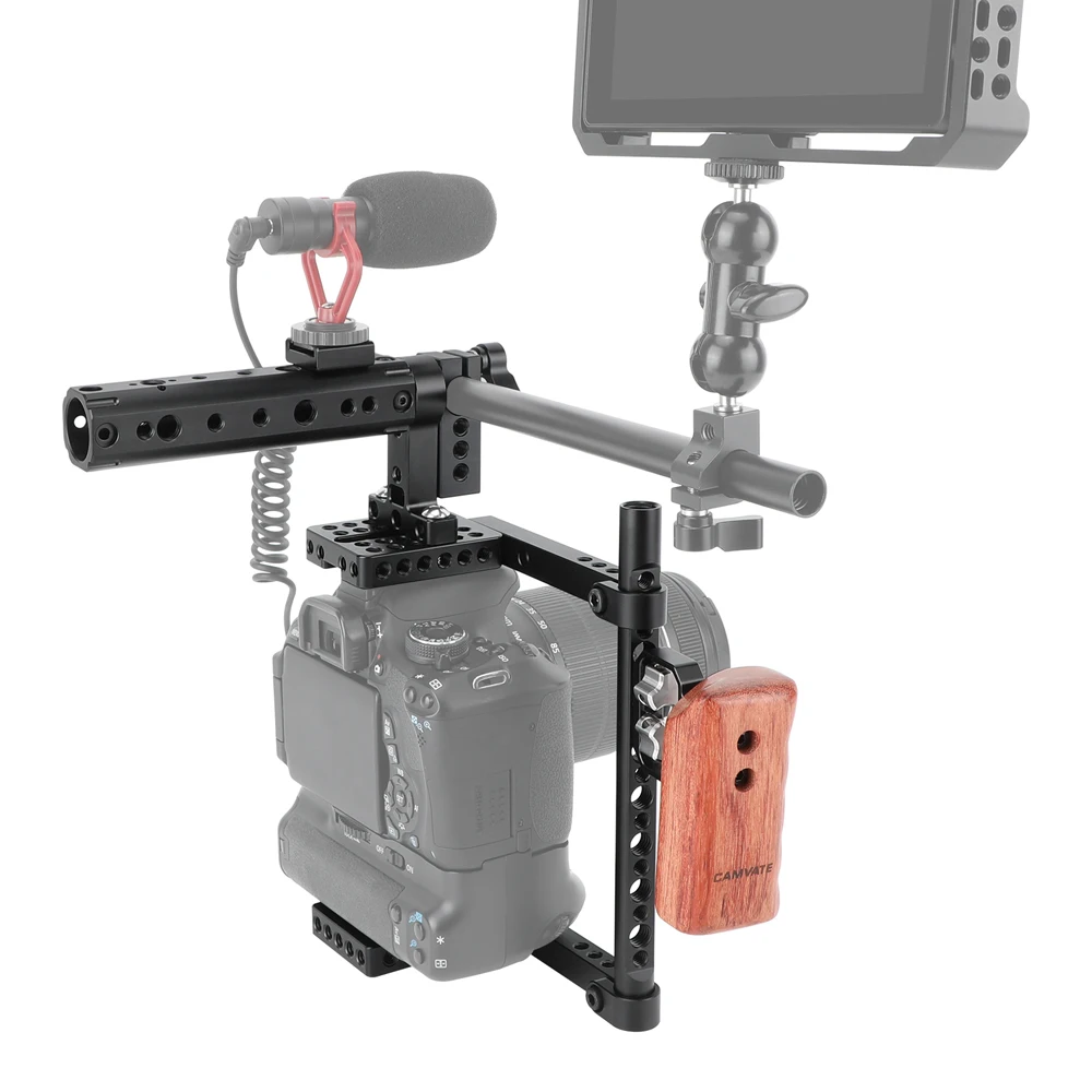 Universal Camera Cage Rig With Wooden Handle Grip& Top Handgrip& Shoe Mount For