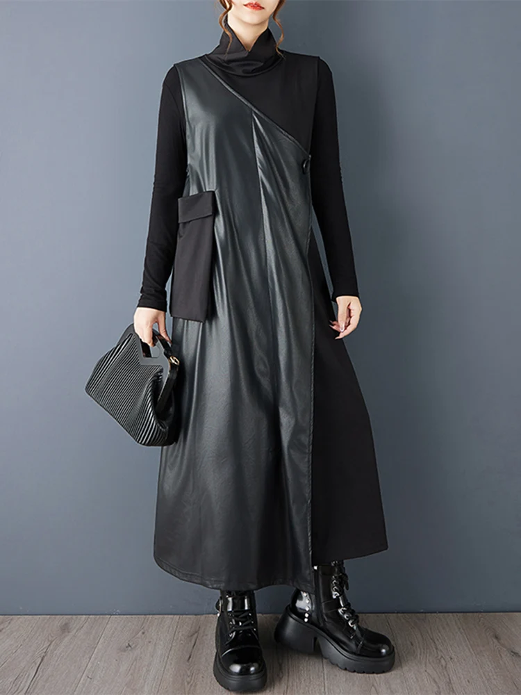 2025 Spring Autumn New Black Vintage Fashion Spliced PU Dresses For Women Turtleneck Sleeveless Loose Casual Midi Dress Clothing