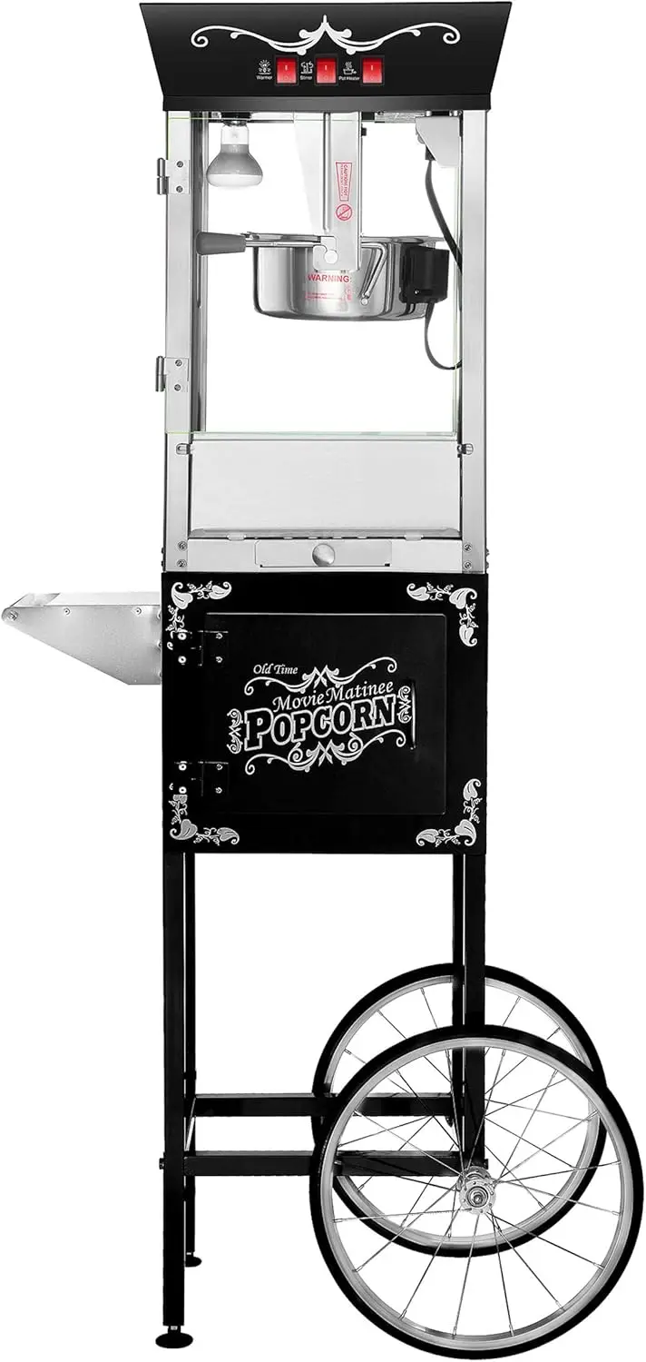Popcorn Machine with Cart-8oz Popper with Stainless-Steel Kettle, Warming Light, and Accessories (Black)