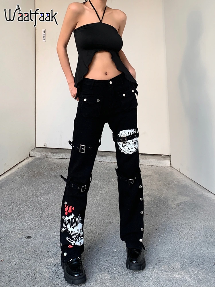 

Waatfaak Pockets Patchwork Punk Grunge Black Jenas Baggy Women Buckle Goth Pants High Waist Cargo 90S Jeans Graphic Printed Dark