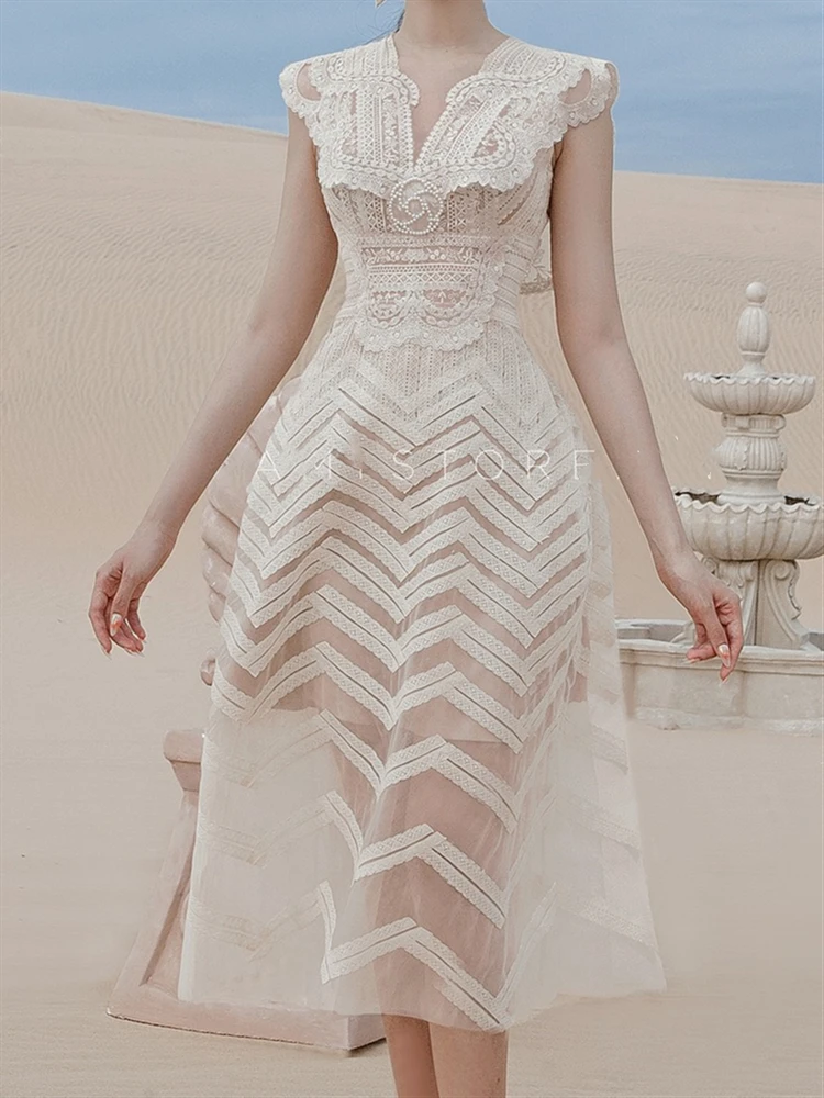 

Женский Винтажный кружевной сарафан без рукавов, однотонное платье абрикосового цвета с вышивкой и открытой спиной в стиле бохо, лето 2022