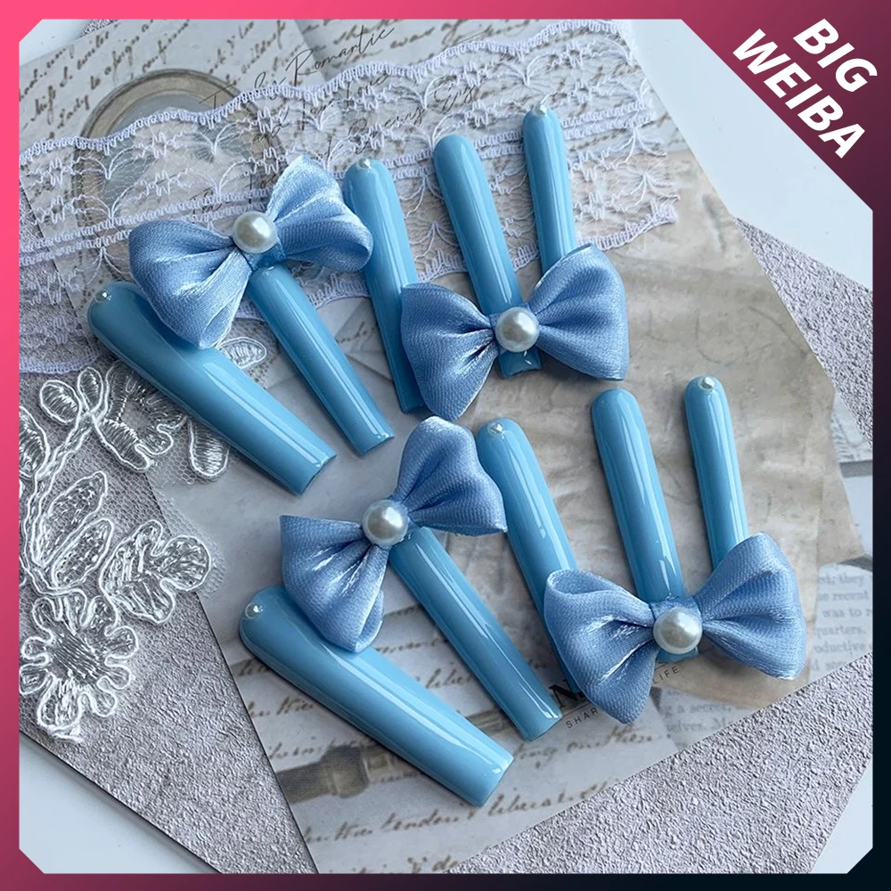

50Mm Long Coffin Nail Art Blue Bow Princess High-End Customizable Nails Press On Full Coverage Reusable Woman Birthday Gift