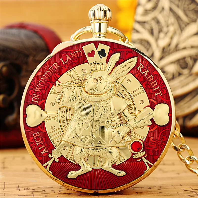 Vintage Style Pocket Watch with Song Men Women Musical Quartz Analog Clock Golden Rabbit with Trumpet Necklace Pendant Chain