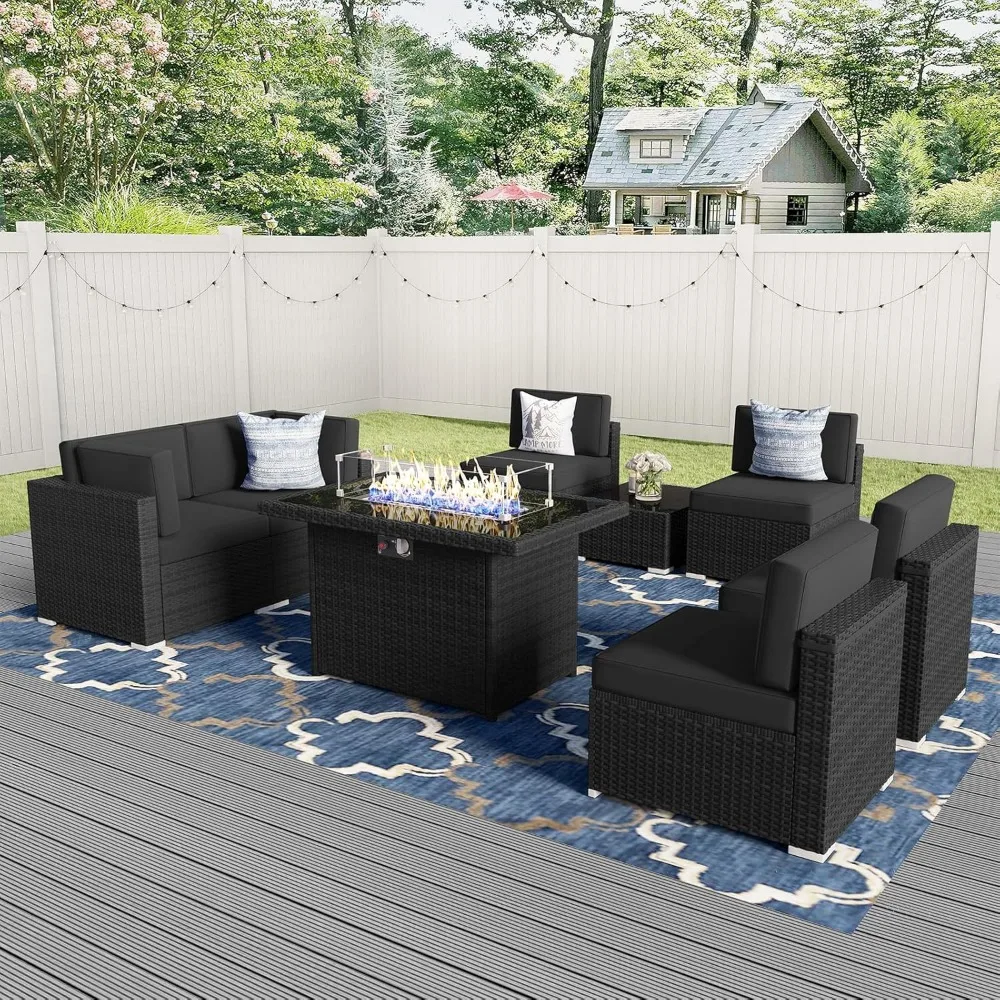 8 Pieces Patio Furniture Set with 44" Propane Gas Fire Pit Table, Outdoor Sectional Wicker Conversation Sofa with Coffee Table 6