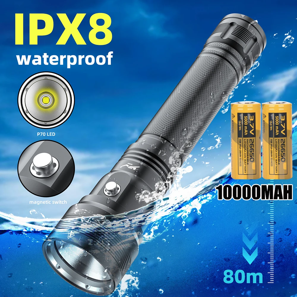 

2024 New 10000mah Scuba Diving Light Professional Diving 1500m Powerful Underwater XHP70 Diving Flashlight With Magnetic Switch