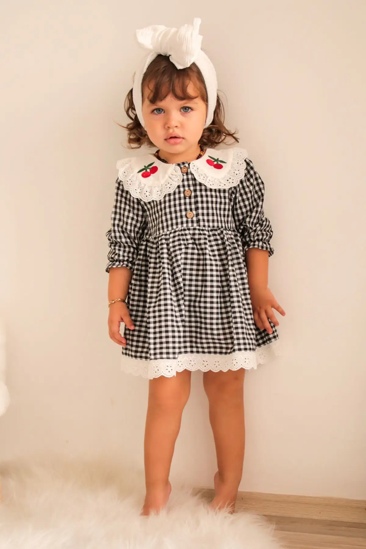 

Baby Girl Black and White Gingham Cherry Detailed Collar Dress Long 3/4 sleeve Plaid/Checked Baby Collar Regular