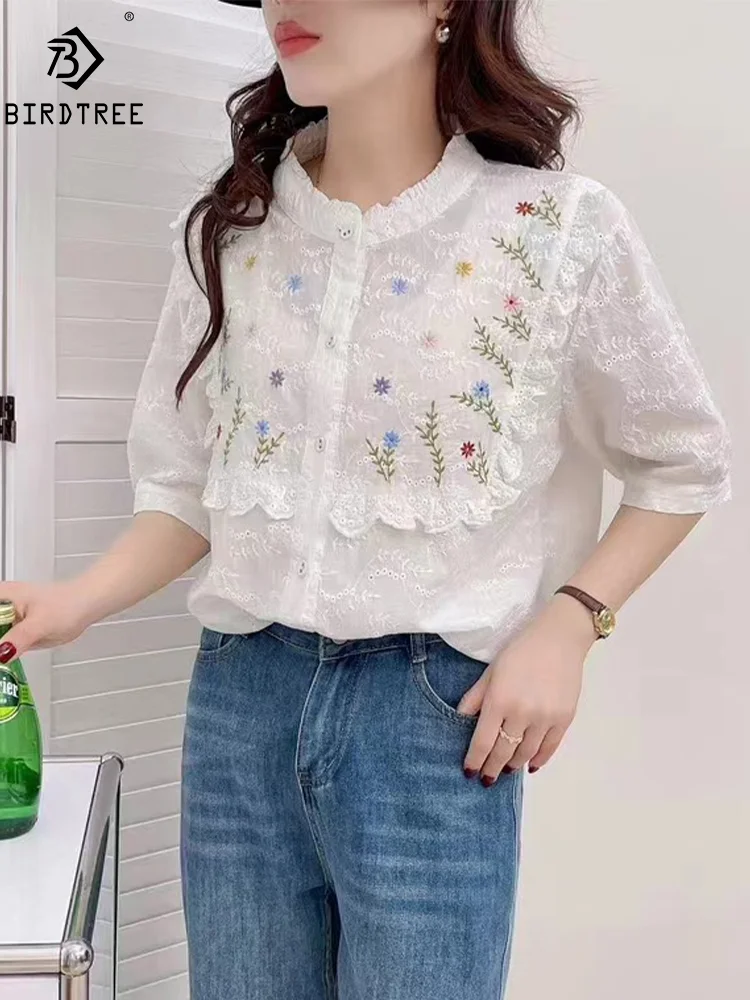 

New Spring Cotton Casual Fashion Shirts Women Floral Embroidery Tops Short Sleeve Sweet Loose Blouses 2024 Summer T444103QM