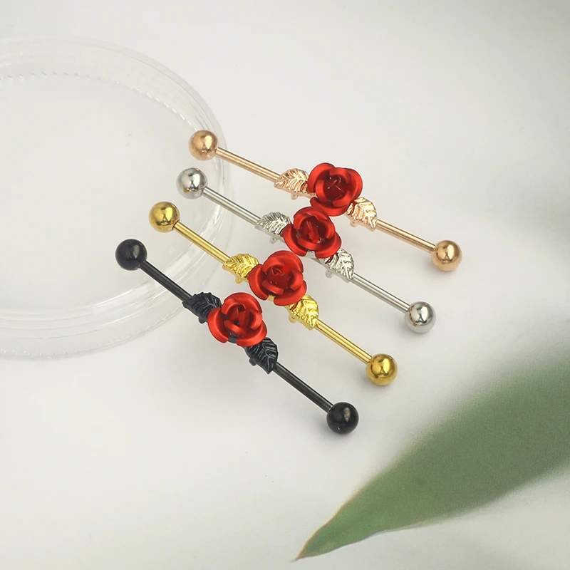 Wholesales 14g Industrial earrings barbell stainless steel rose flower black long 38mm conch helix industrial piercing bar body