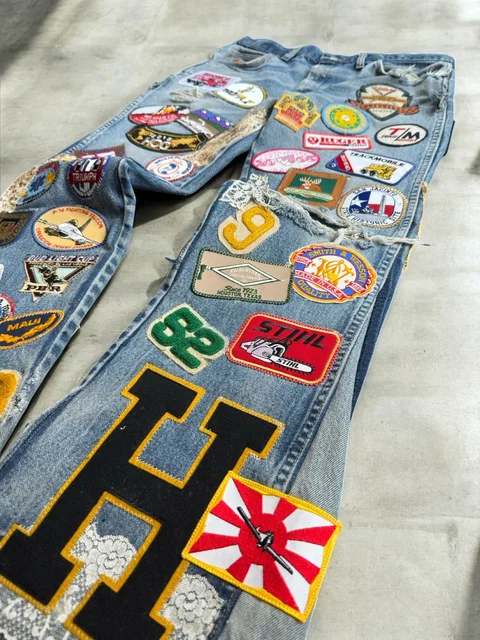 American Vintage Y2K Multi Patch Jeans Mens Womens Blue Distressed Bell Bottom Patch Embroidered Logo Pattern Baggy Trousers 1